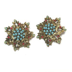 Vintage Carnegie Snowflake-Shaped Earrings Gold-Tone w/Beads & Rhinestones